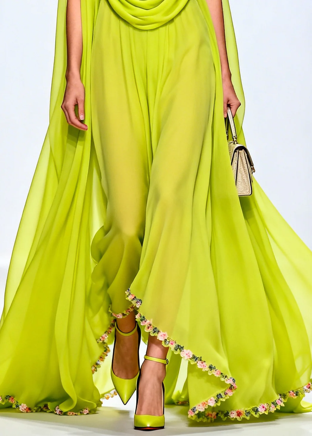 Women Fluorescent Green Turtle Neck Exra Large Hem Chiffon Party Dress Sleeveless - Image 4