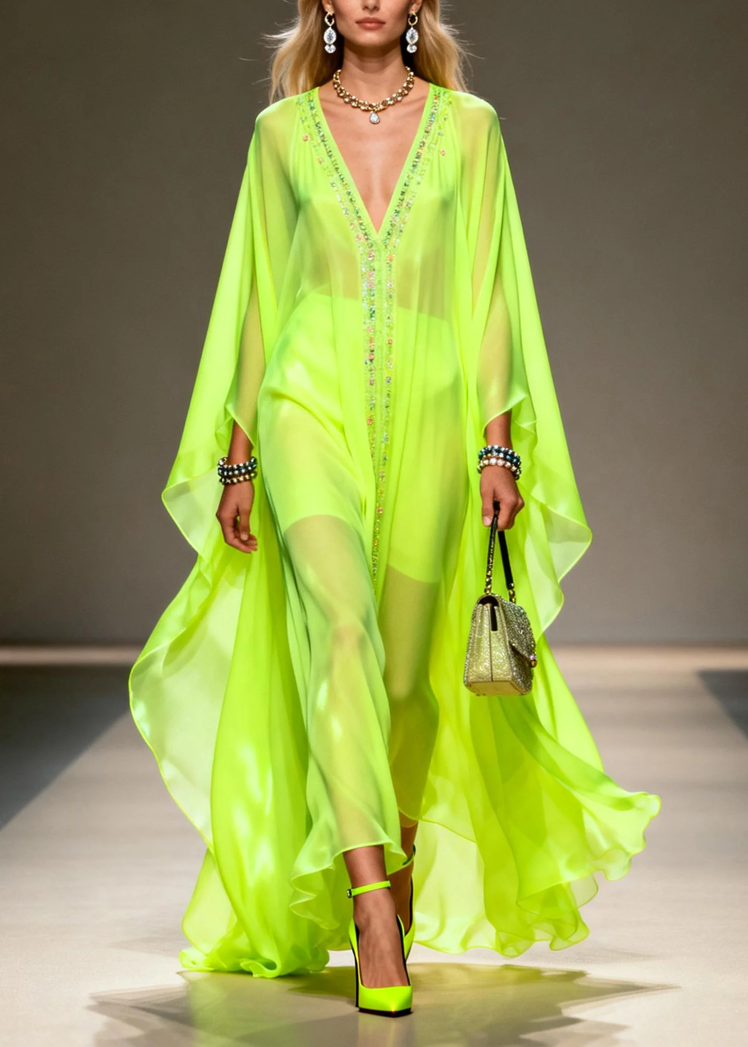 Women Fluorescent Green V Neck Zircon Chiffon Robe Dresses Summer - Image 3