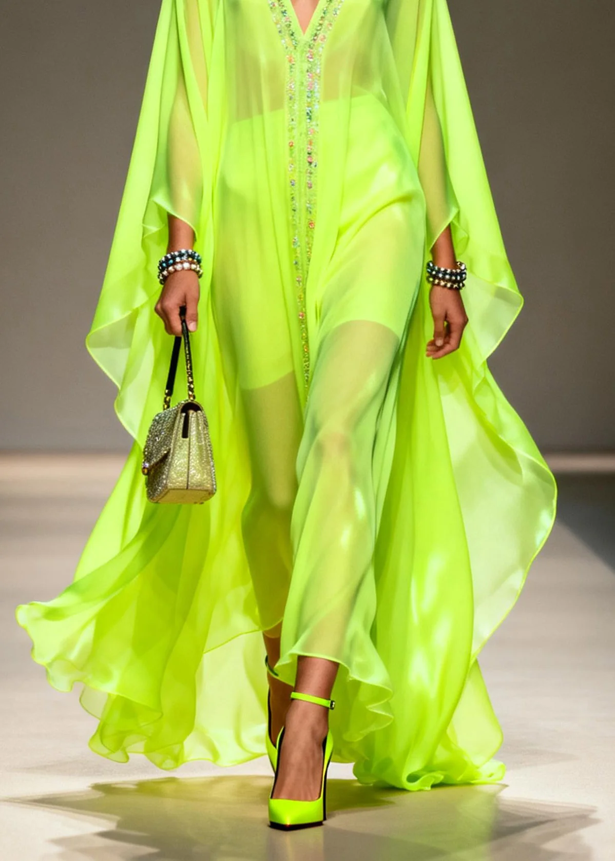 Women Fluorescent Green V Neck Zircon Chiffon Robe Dresses Summer - Image 4