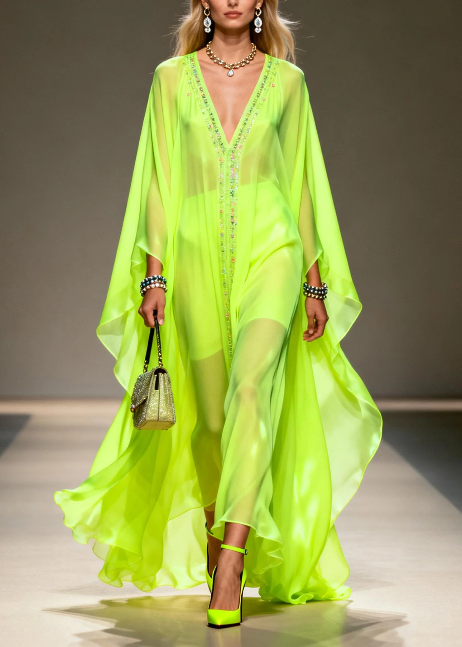 Women Fluorescent Green V Neck Zircon Chiffon Robe Dresses Summer - Image 5