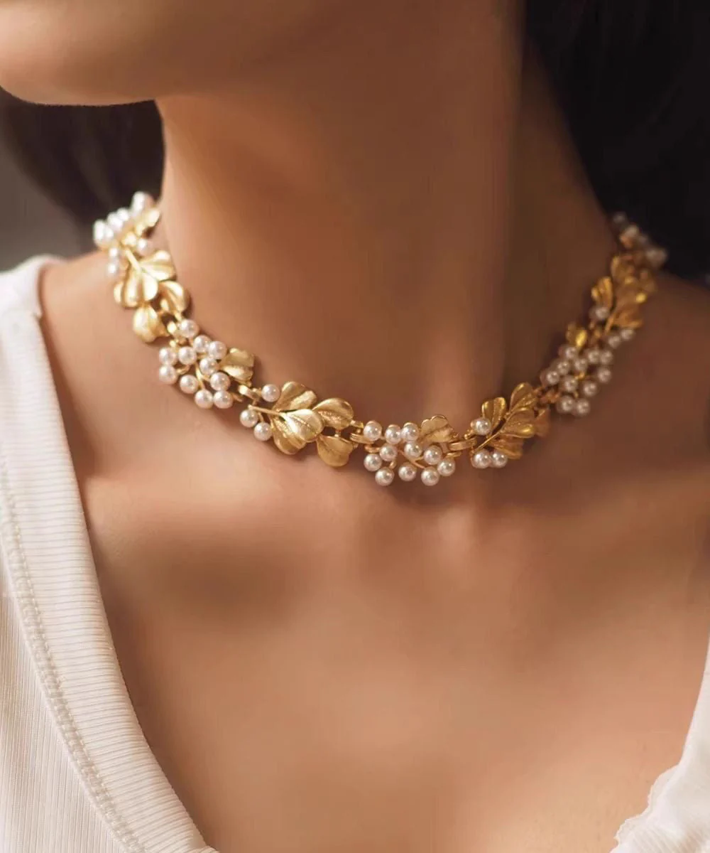 Women Ginkgo Leaf Copper With Hollow Out Pearl Collar Necklace And Stud Earrings Two Piece Set - Image 2