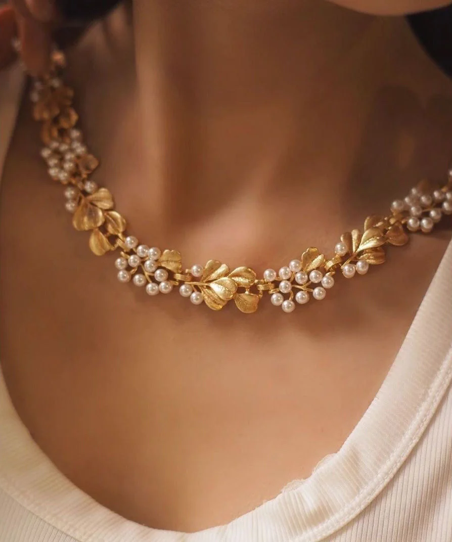Women Ginkgo Leaf Copper With Hollow Out Pearl Collar Necklace And Stud Earrings Two Piece Set - Image 3
