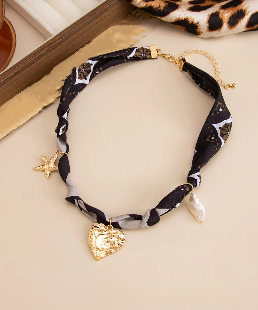 Women Gold Chiffon Alloy Pentagram Heart-Shaped Pendant Necklace - Image 2