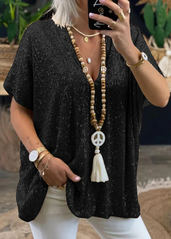 Women Gold V Neck Sequins Plus Size Tops Summer - Image 2