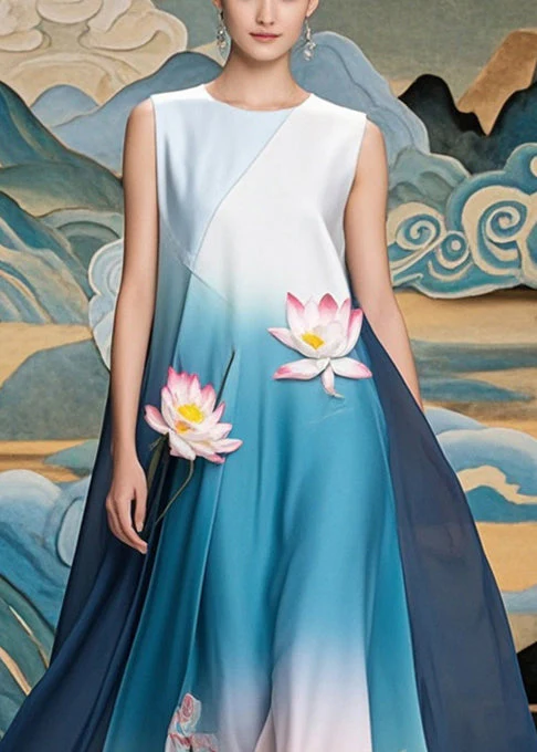Women Gradient Blue Lotus Print Chiffon Long Dress Summer - Image 2