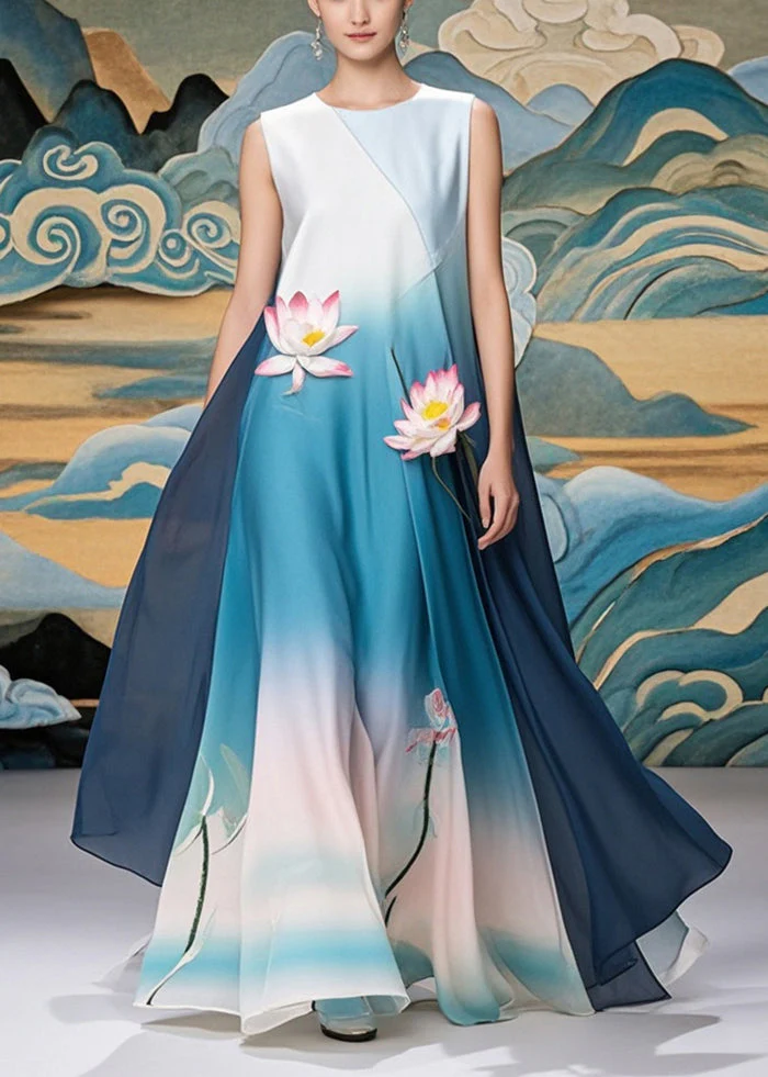 Women Gradient Blue Lotus Print Chiffon Long Dress Summer - Image 3
