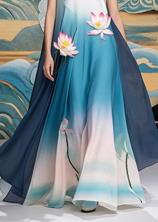 Women Gradient Blue Lotus Print Chiffon Long Dress Summer - Image 4