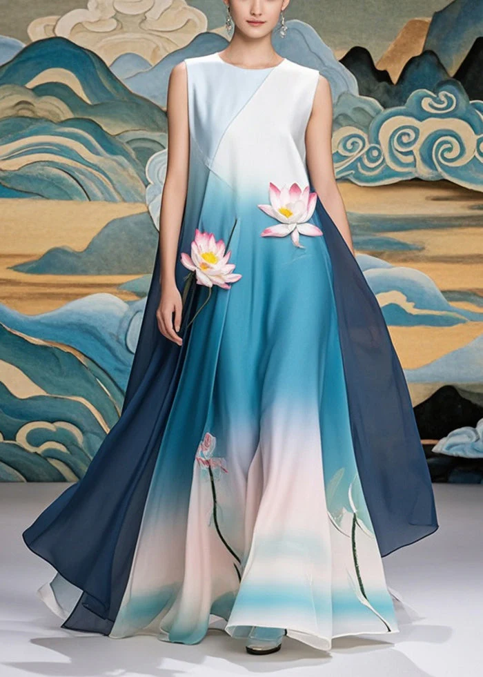 Women Gradient Blue Lotus Print Chiffon Long Dress Summer - Image 5