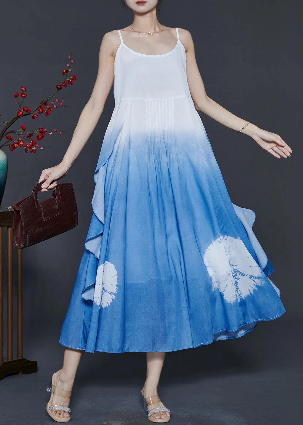 Women Gradient Blue Ruffled Cotton Cami Dress Summer - Image 3