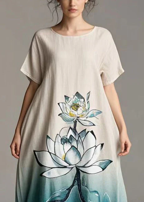 Women Gradient Color Lotus Print Cotton Day Dress Summer - Image 2