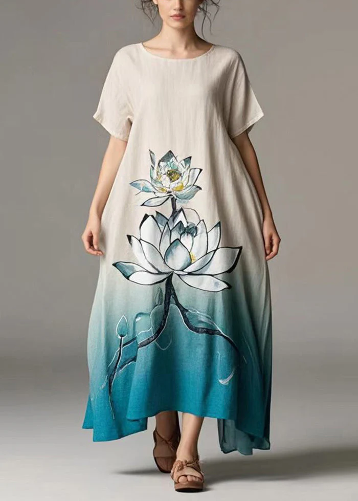 Women Gradient Color Lotus Print Cotton Day Dress Summer - Image 3