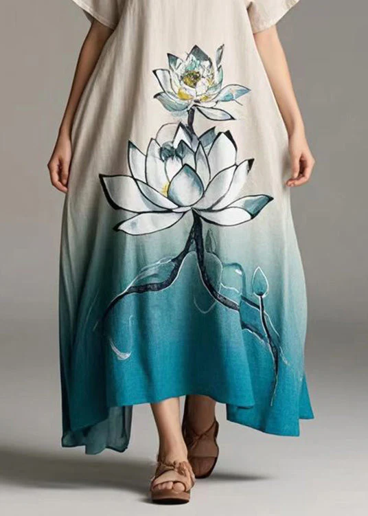 Women Gradient Color Lotus Print Cotton Day Dress Summer - Image 4