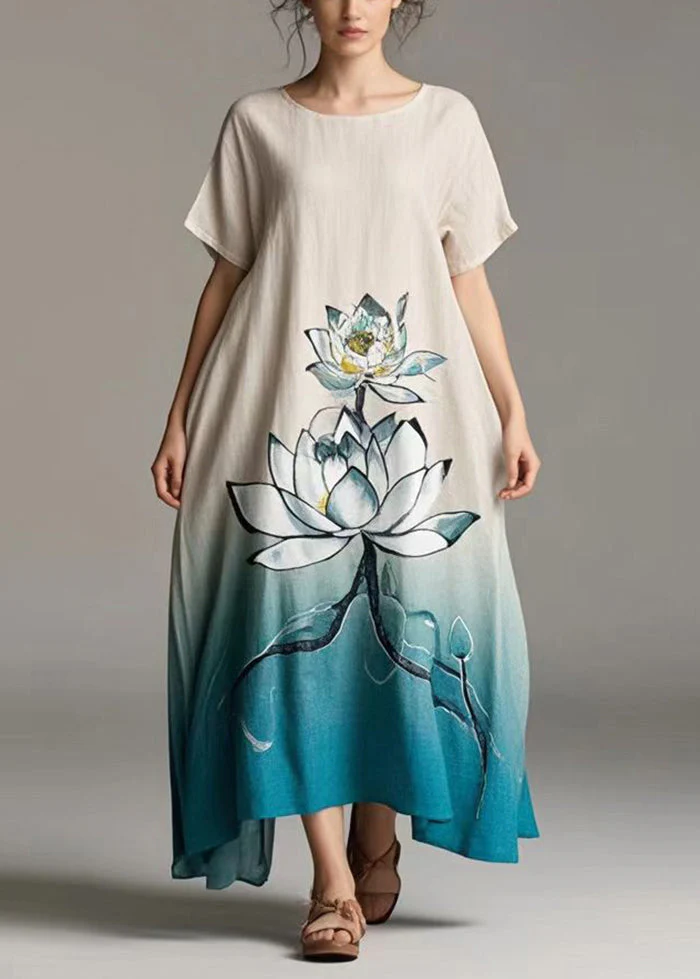 Women Gradient Color Lotus Print Cotton Day Dress Summer - Image 5
