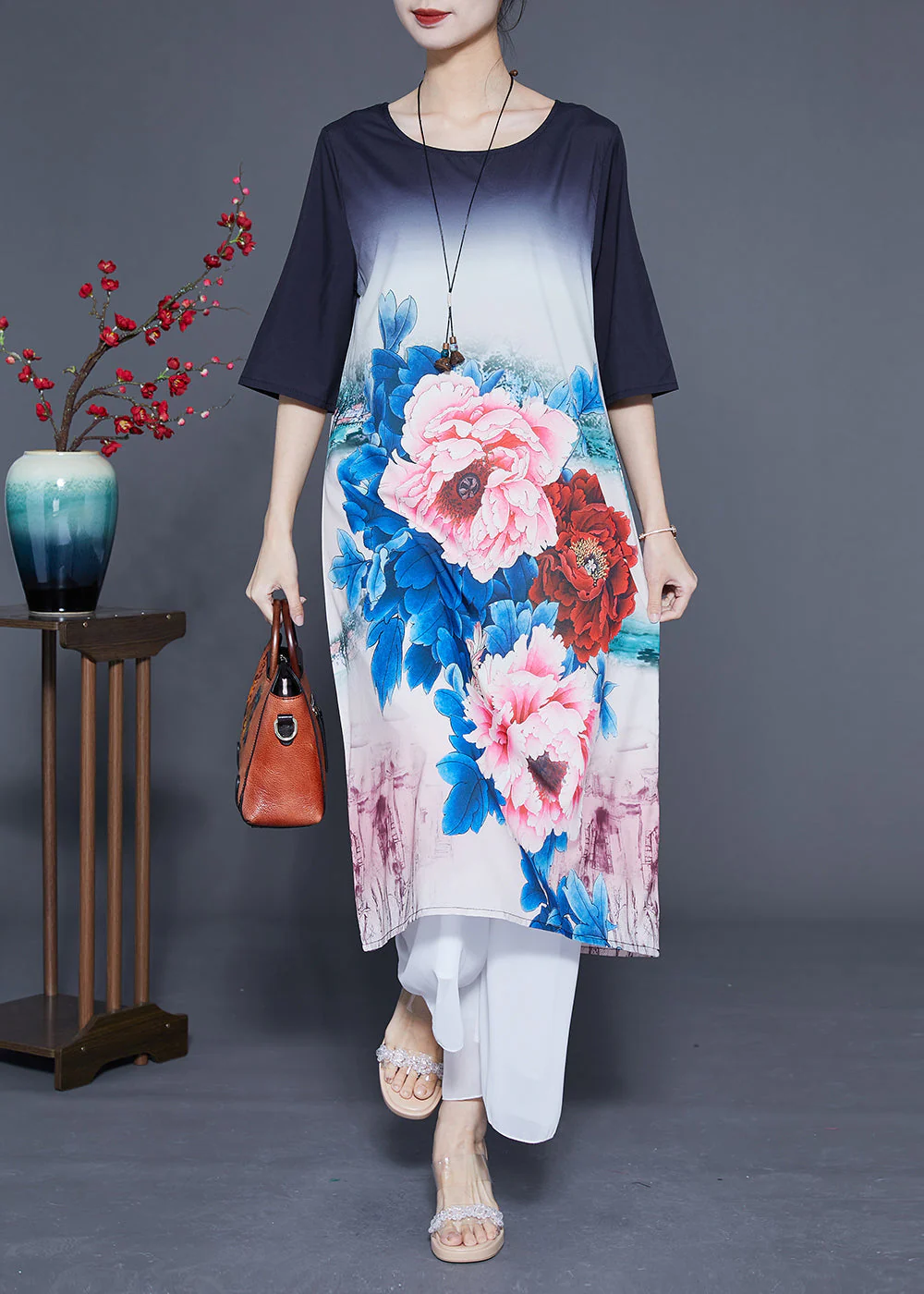 Women Gradient Color O-Neck Floral Print Silk Vacation Dresses Half Sleeve - Image 2