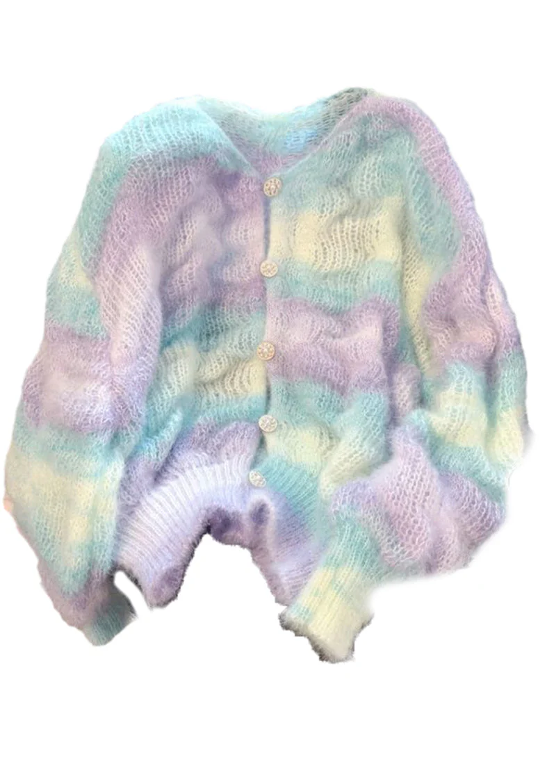 Women Gradient Color V Neck Warm Knit Cardigan Winter - Image 5