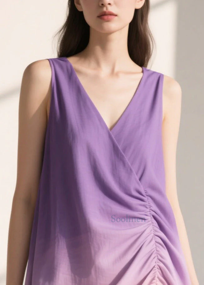 Women Gradient Purple Wrinkled Cotton Sun Dresses Summer - Image 2