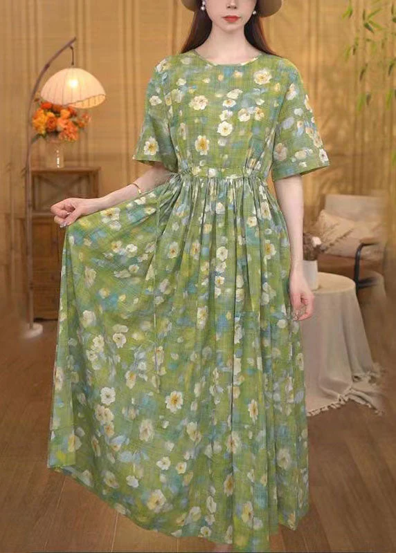 Women Grass Green Cinched Floral Print Cotton Ankle Dress Summer - Image 3