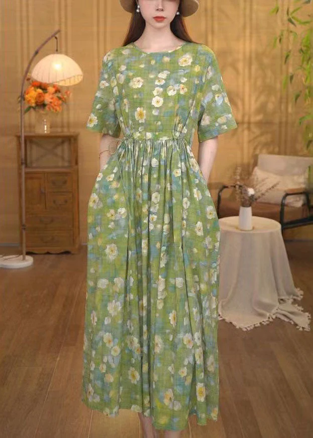 Women Grass Green Cinched Floral Print Cotton Ankle Dress Summer - Image 4
