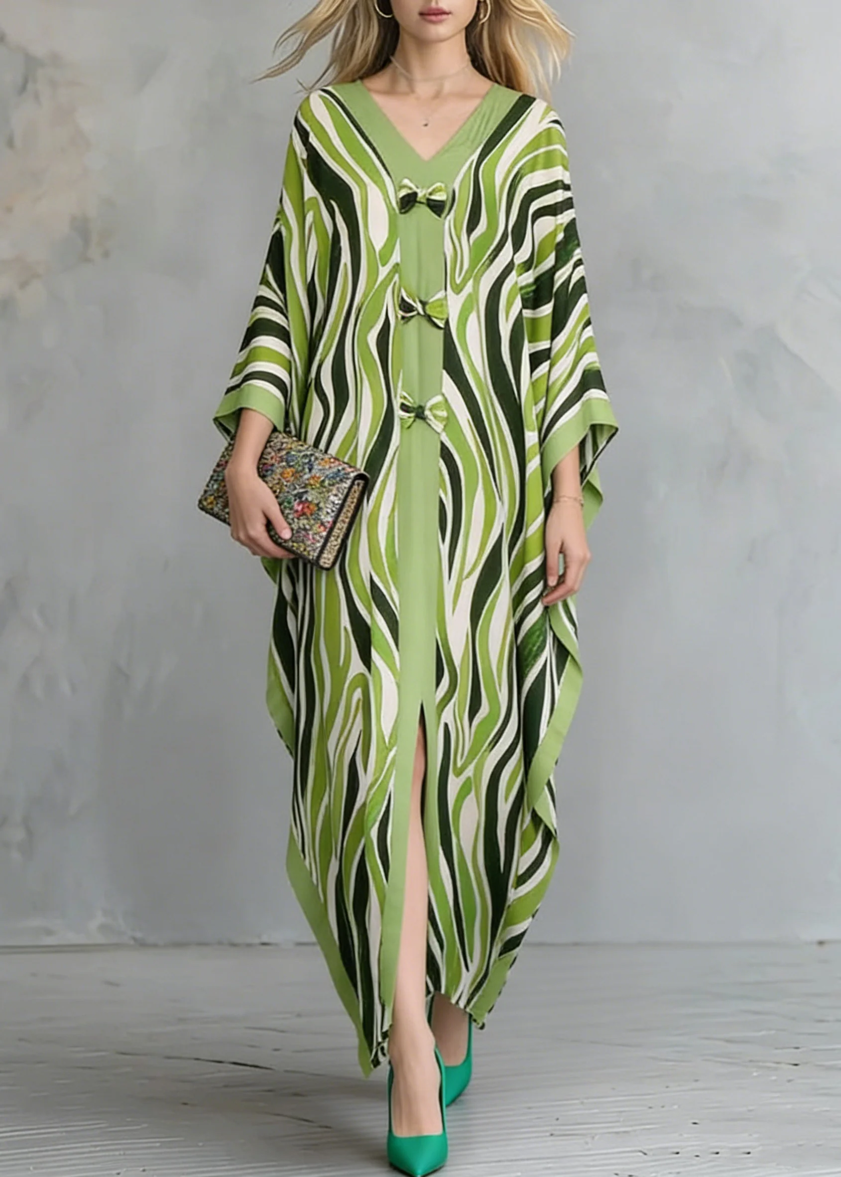 Women Grass Green Oversized Print Maxi Dresses Batwing Sleeve - Image 5