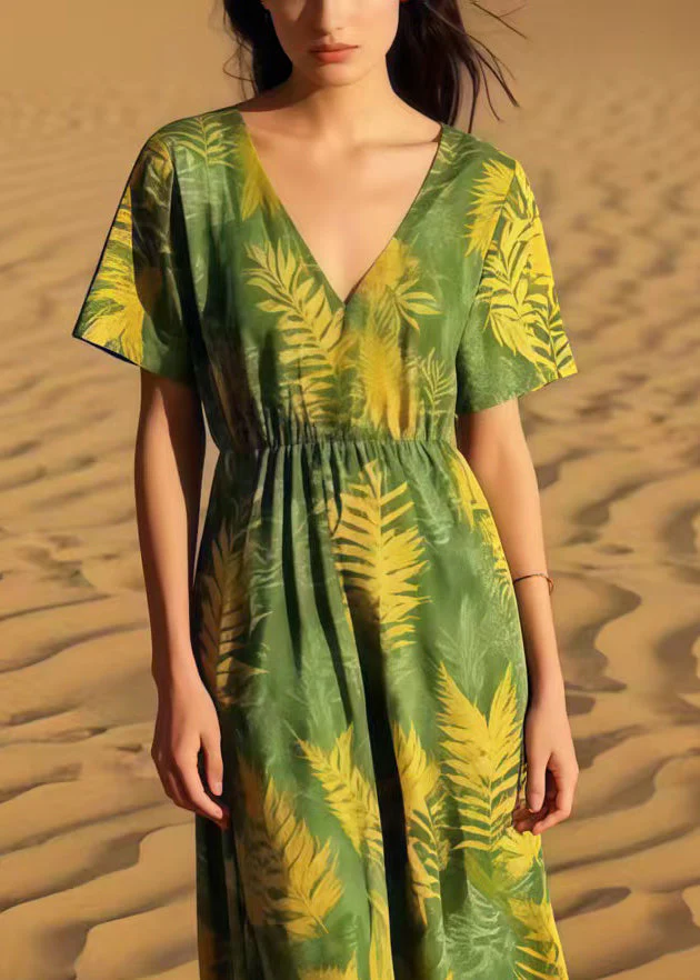 Women Grass Green Print Cotton Maxi Dresses Summer - Image 2