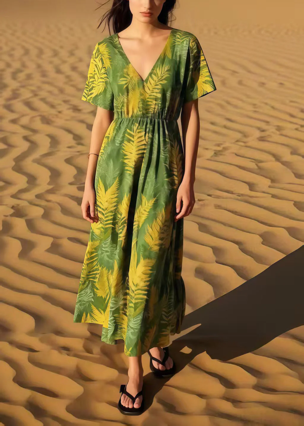 Women Grass Green Print Cotton Maxi Dresses Summer - Image 3