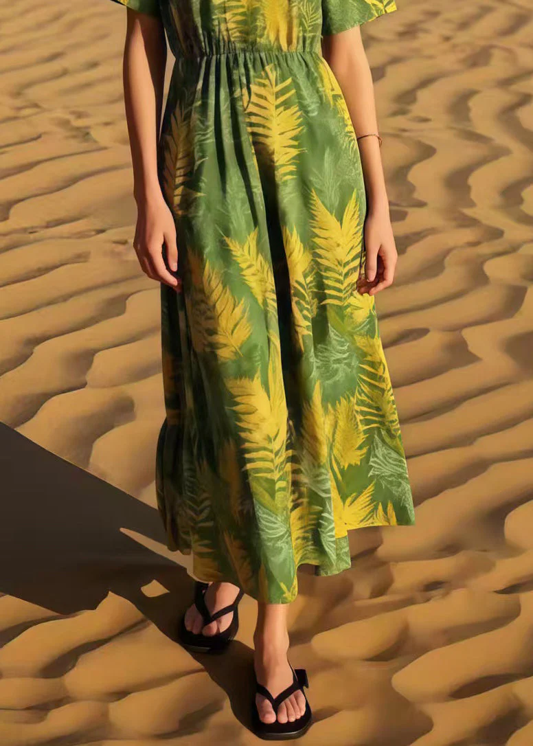 Women Grass Green Print Cotton Maxi Dresses Summer - Image 4