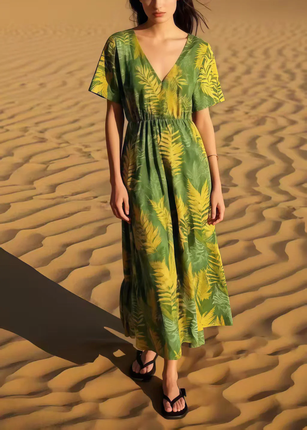 Women Grass Green Print Cotton Maxi Dresses Summer - Image 5
