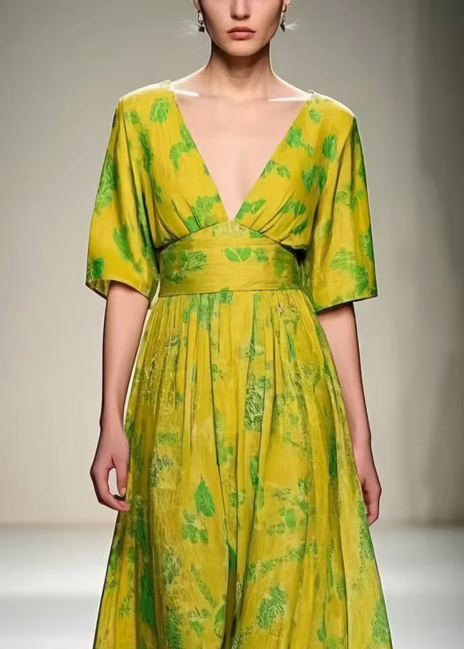 Women Grass Green V Neck Print Cotton Vacation Dresses Summer - Image 2