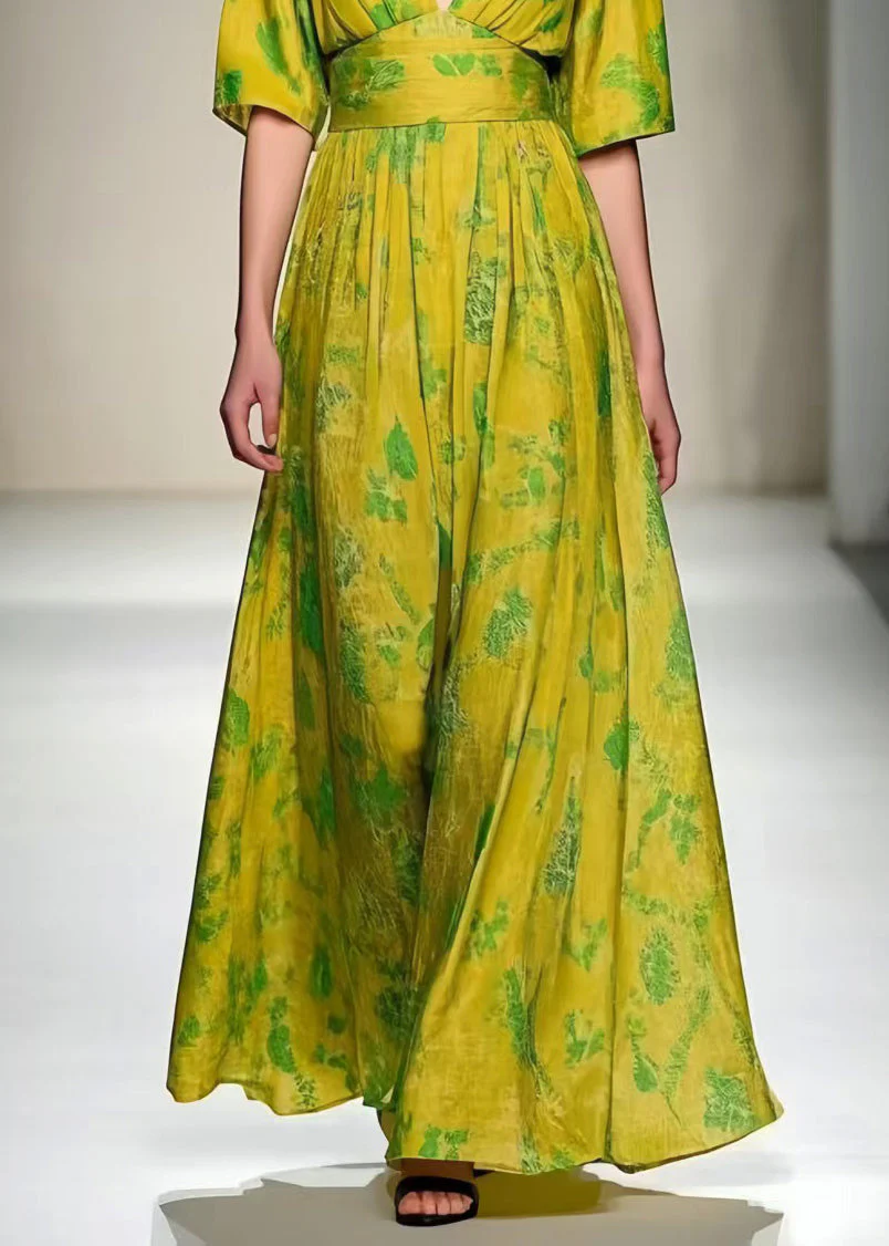 Women Grass Green V Neck Print Cotton Vacation Dresses Summer - Image 4