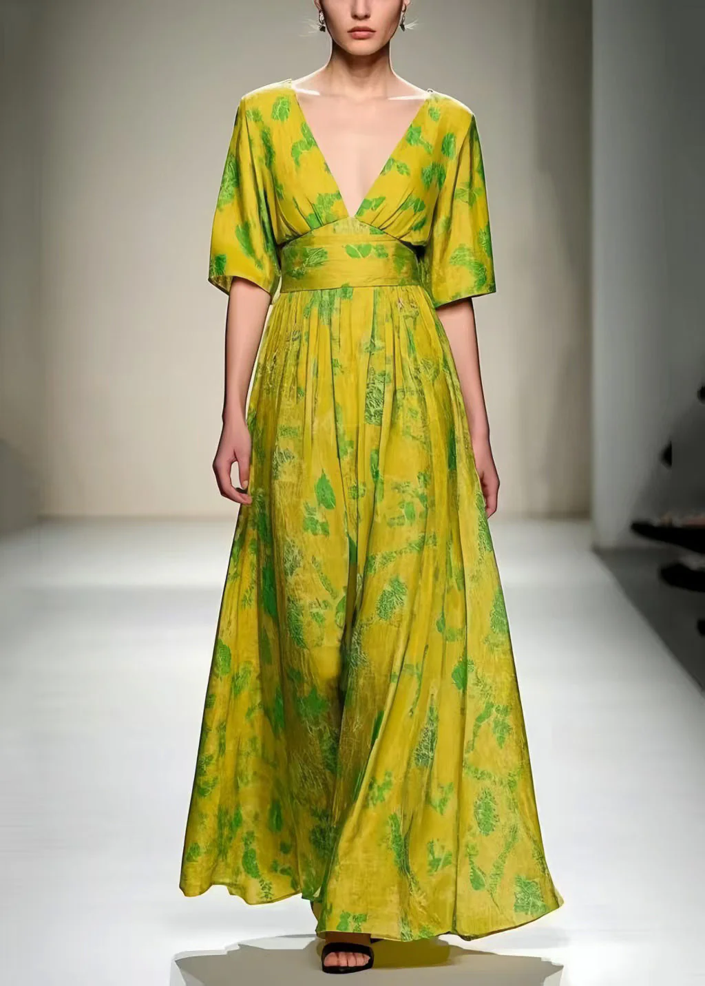 Women Grass Green V Neck Print Cotton Vacation Dresses Summer - Image 5