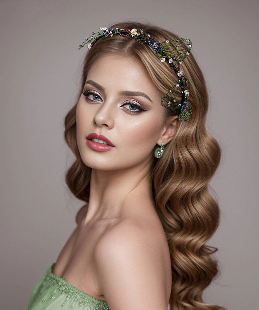Women Green Acrylic Crystal Butterfly Beading HairPiece - Image 3