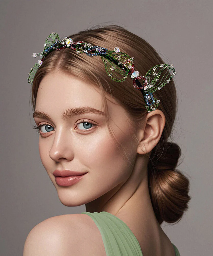 Women Green Acrylic Crystal Butterfly Beading HairPiece - Image 4