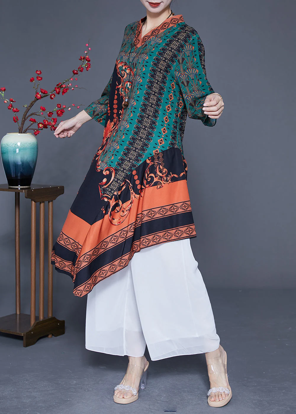 Women Green Asymmetrical Patchwork Print Silk Maxi Dresses Spring - Image 2