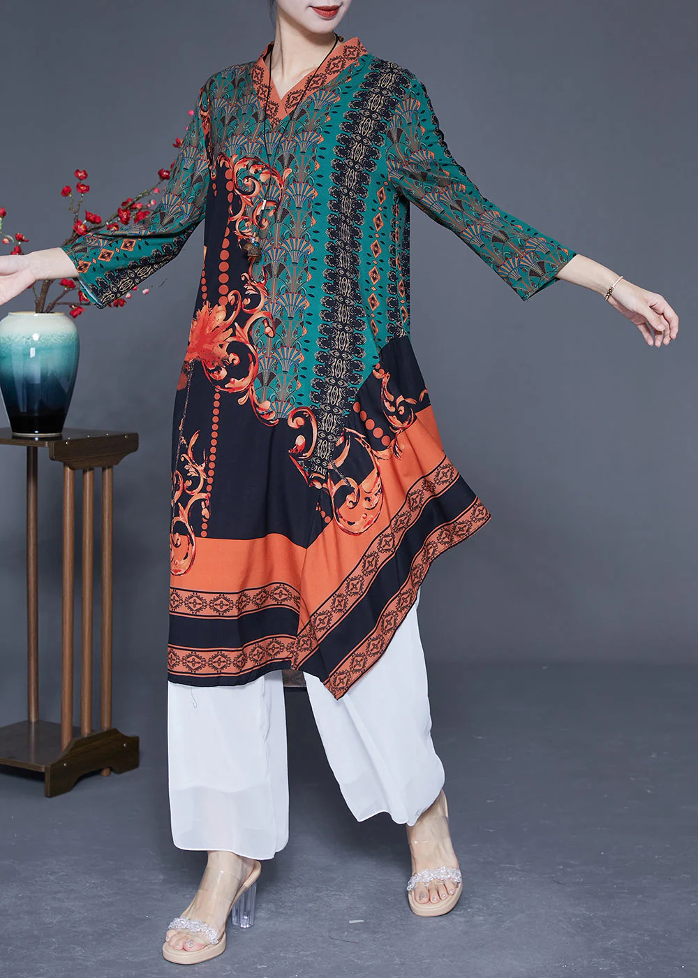 Women Green Asymmetrical Patchwork Print Silk Maxi Dresses Spring - Image 3