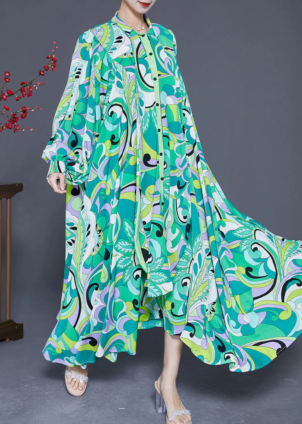 Women Green Asymmetrical Print Chiffon Ankle Dress Spring - Image 2