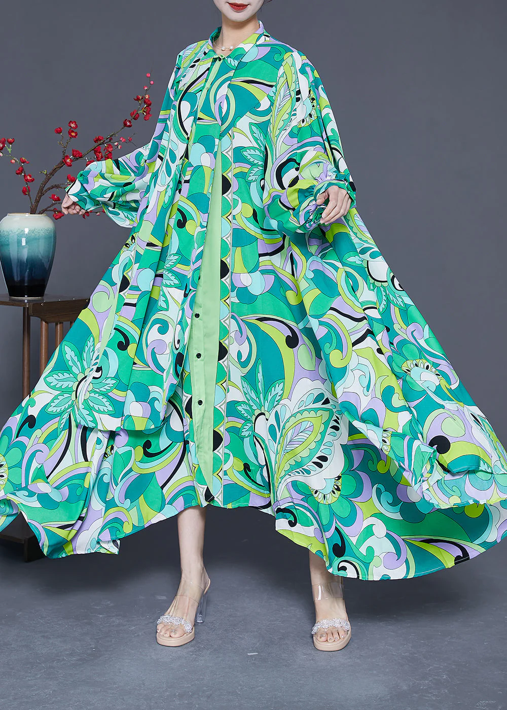 Women Green Asymmetrical Print Chiffon Ankle Dress Spring - Image 3