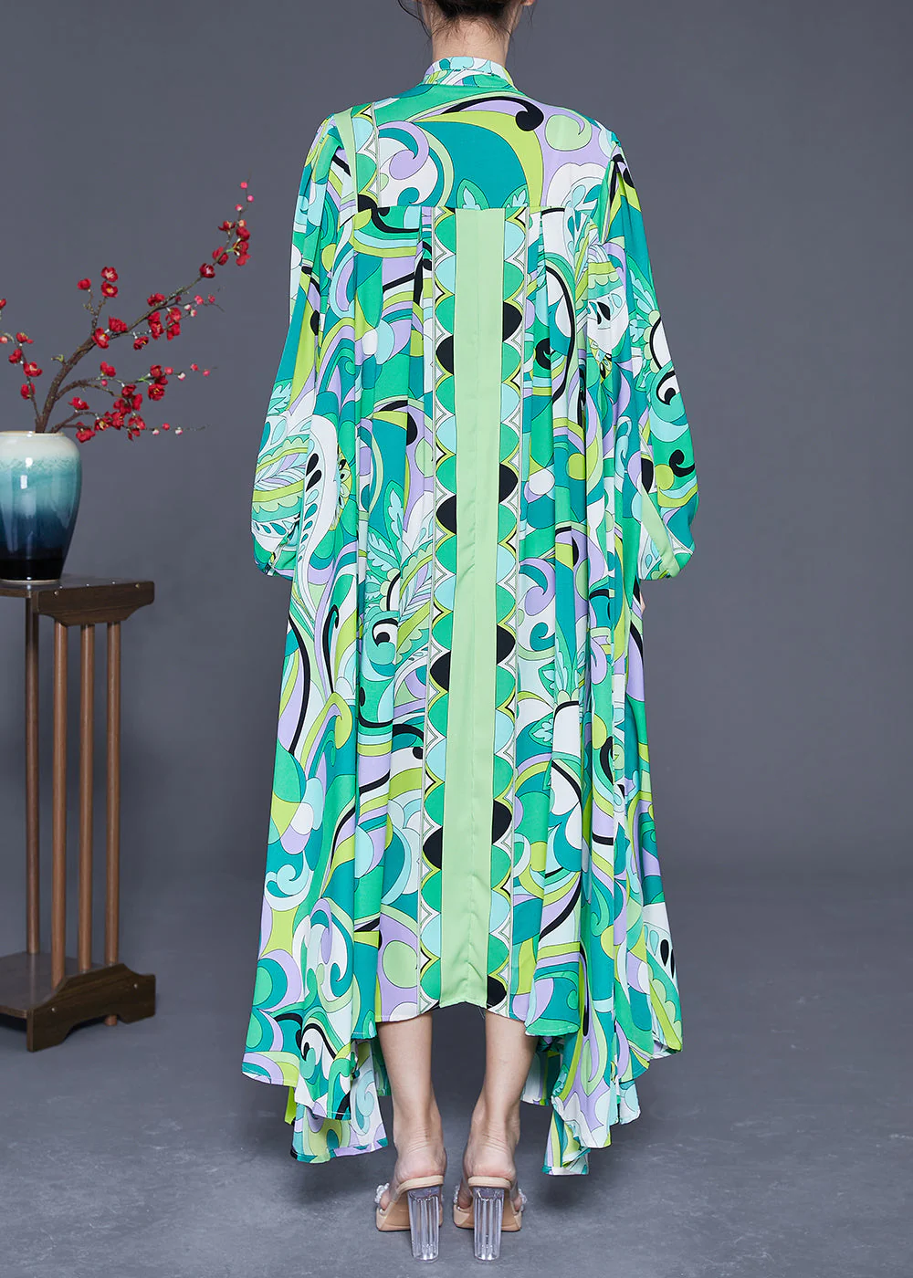 Women Green Asymmetrical Print Chiffon Ankle Dress Spring - Image 4