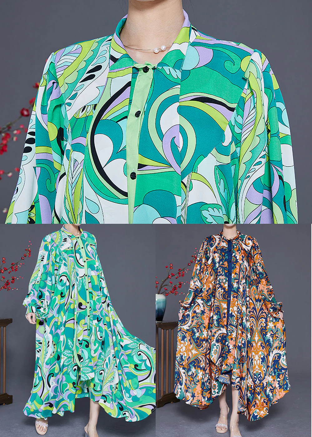Women Green Asymmetrical Print Chiffon Ankle Dress Spring - Image 5