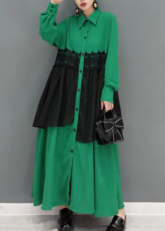 Women Green button Peter Pan Collar lace Patchwork shirt Dress spring - Image 2