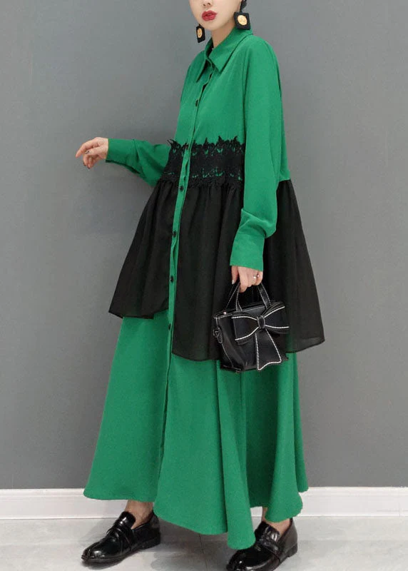 Women Green button Peter Pan Collar lace Patchwork shirt Dress spring - Image 3