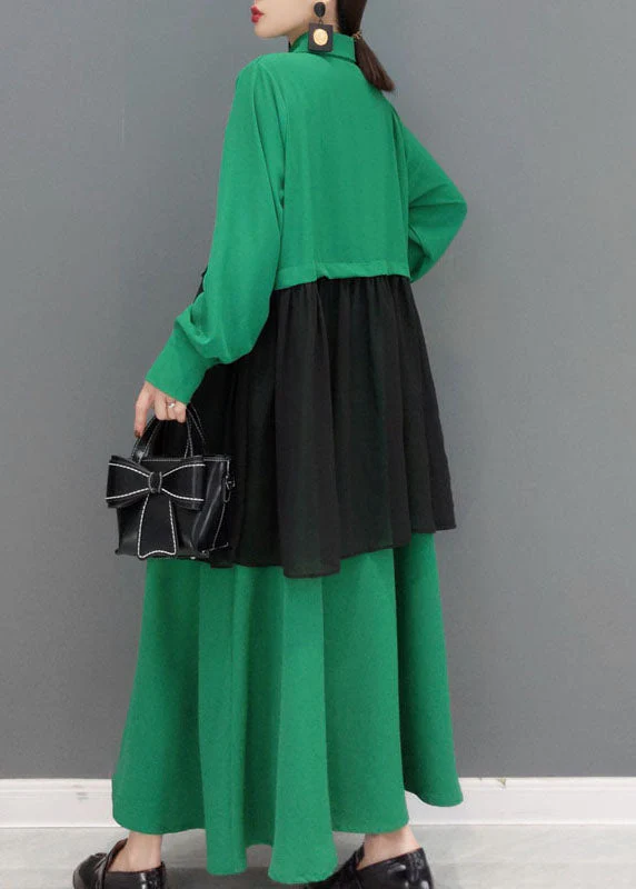 Women Green button Peter Pan Collar lace Patchwork shirt Dress spring - Image 4