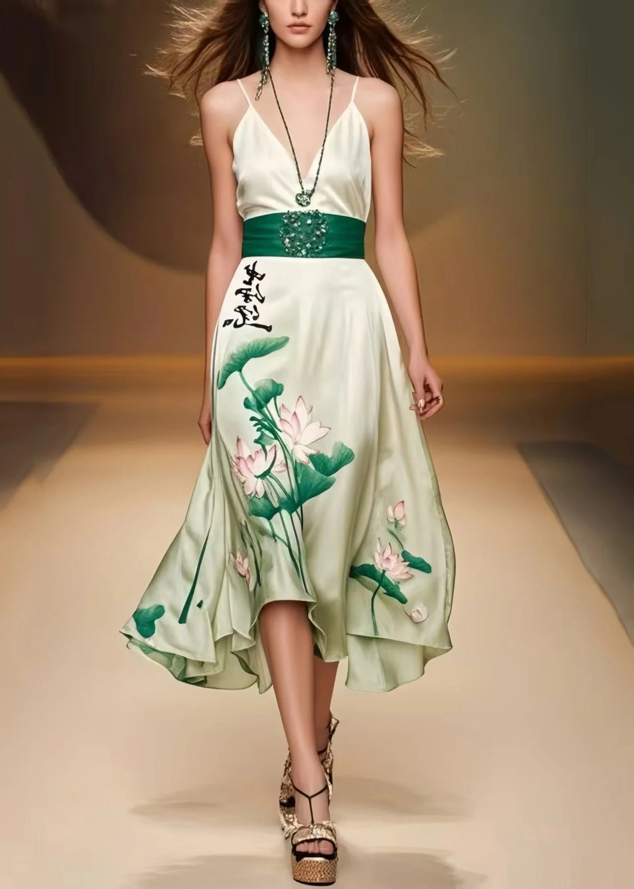 Women Green Cinched Lotus Leaf Print Silk Mini Dress Sleeveless - Image 3