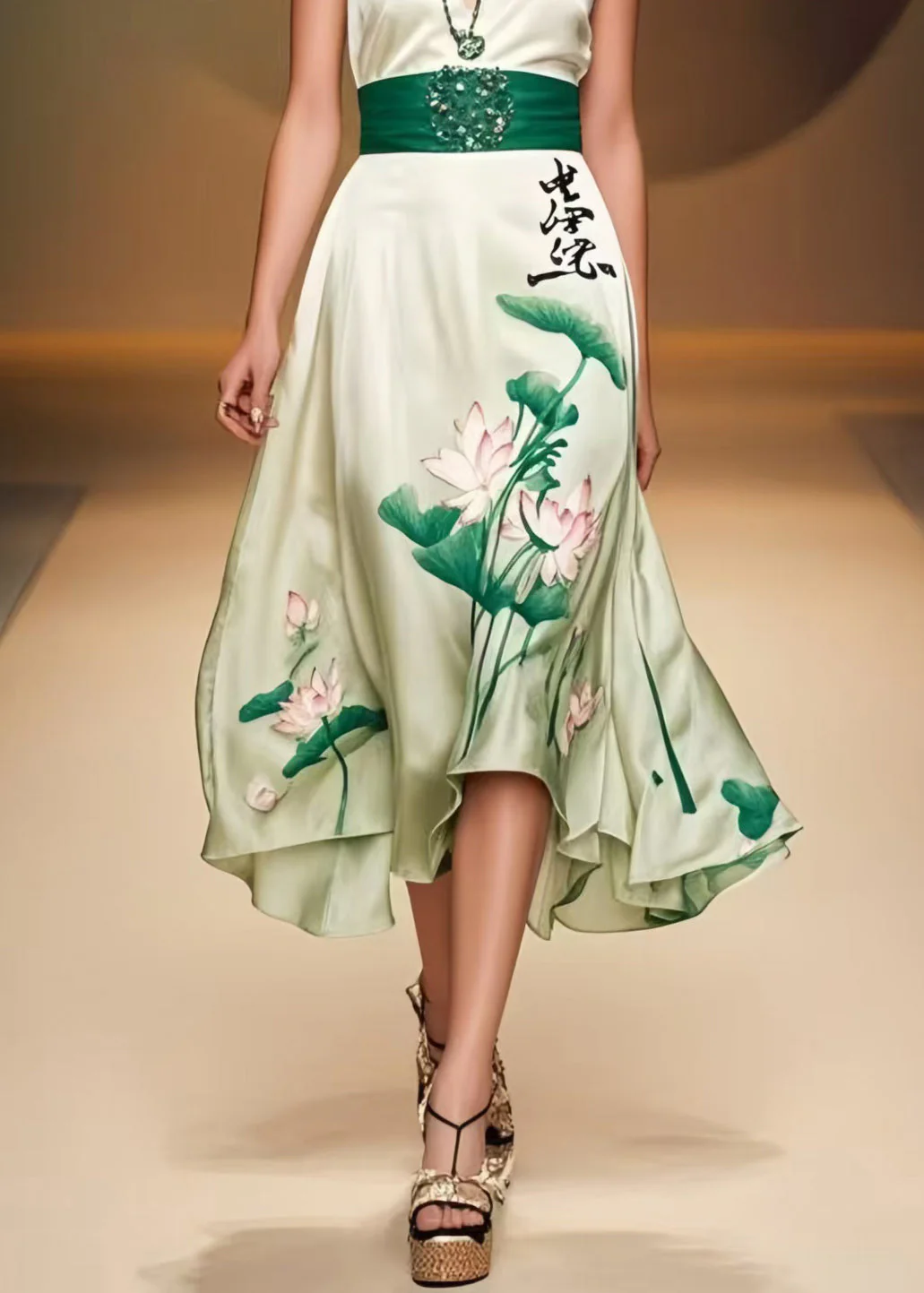 Women Green Cinched Lotus Leaf Print Silk Mini Dress Sleeveless - Image 4