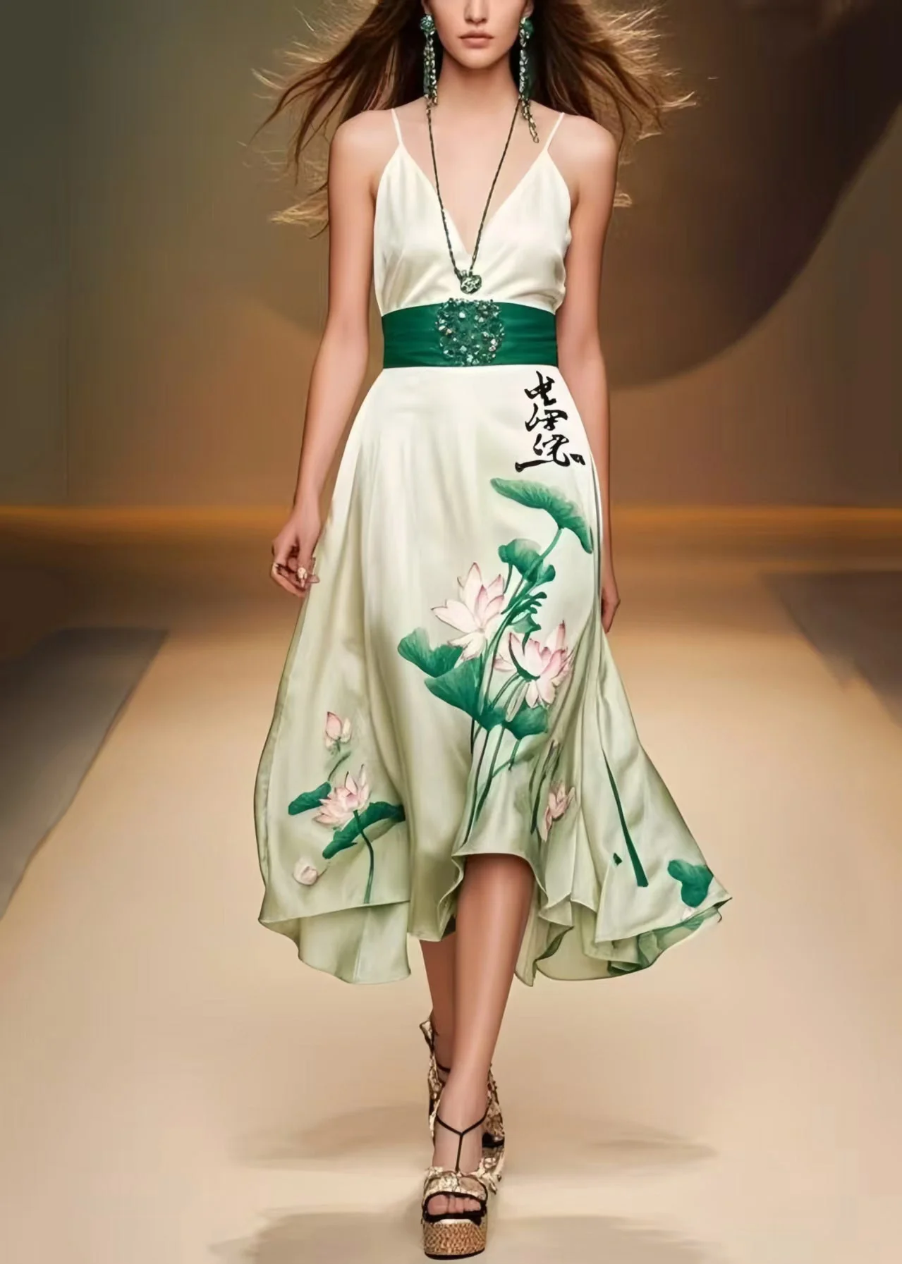 Women Green Cinched Lotus Leaf Print Silk Mini Dress Sleeveless - Image 5