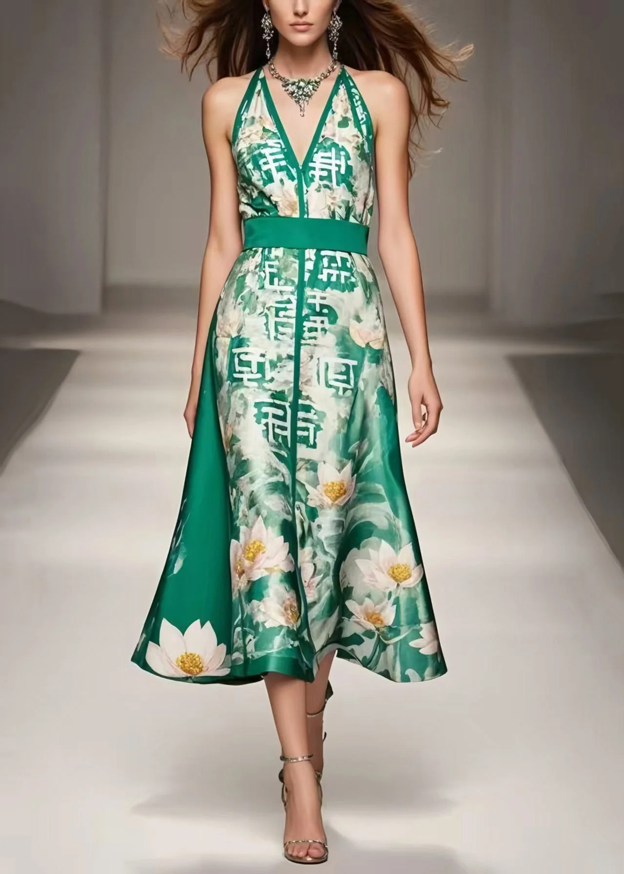 Women Green Cinched Print Silk Halter Dresses Summer - Image 3
