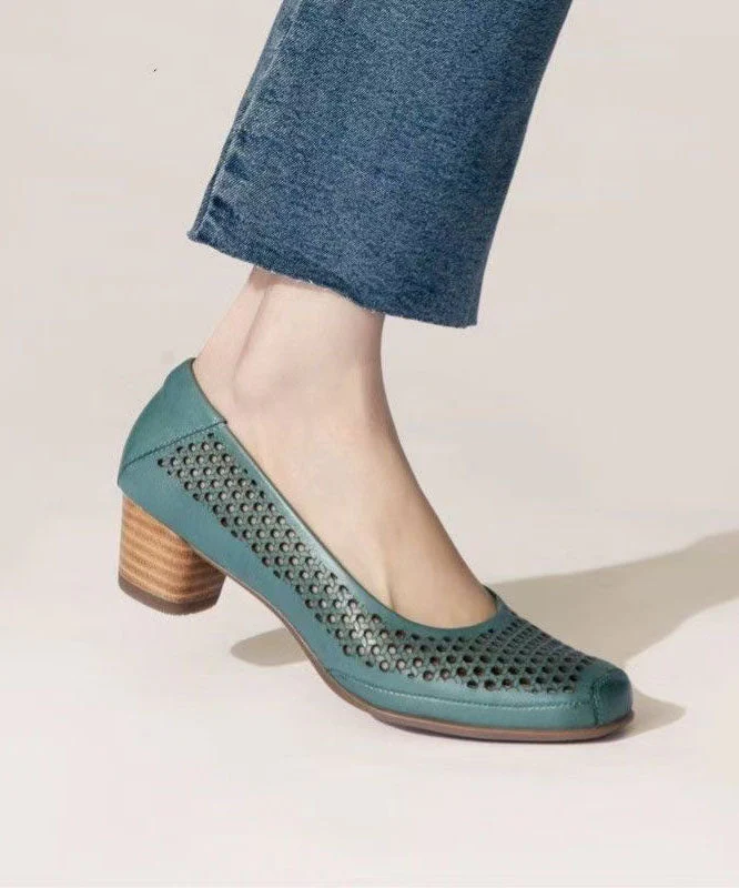 Women Green Cowhide Leather Chunky Hollow Out Sandals