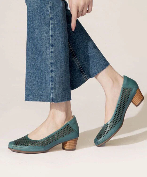 Women Green Cowhide Leather Chunky Hollow Out Sandals - Image 4