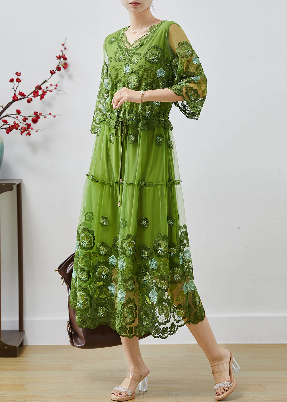 Women Green Embroidered Tulle Cinched Dress Summer - Image 3