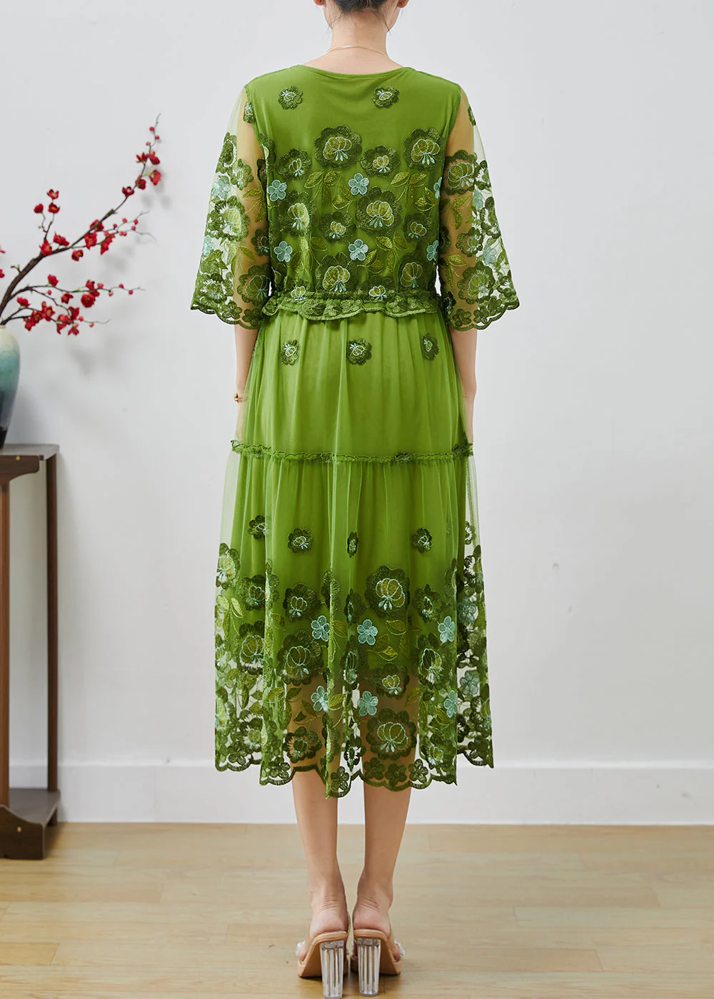 Women Green Embroidered Tulle Cinched Dress Summer - Image 4