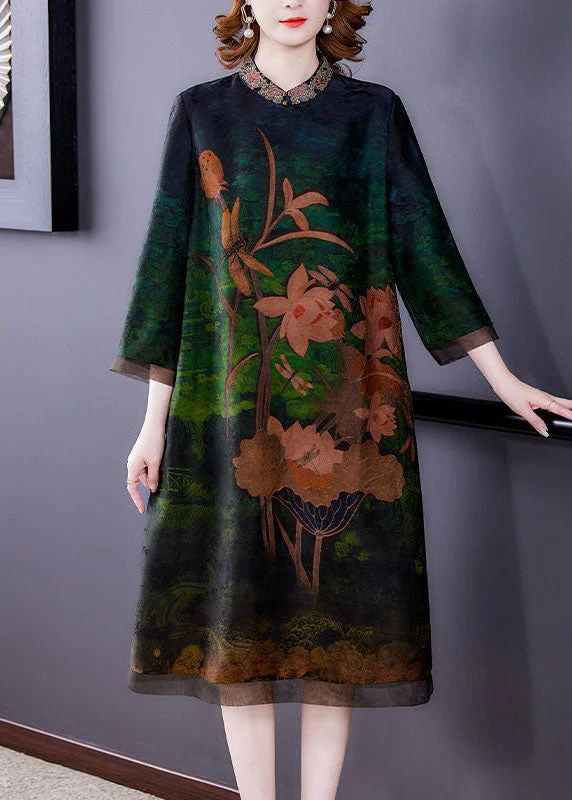 Women Green Embroideried Patchwork Zippered Silk Dresses Bracelet Sleeve - Image 4